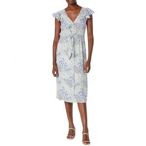 Rebecca Taylor Ava V-Neck Floral Print Midi Dress with  Flutter Sleeve. Size 6